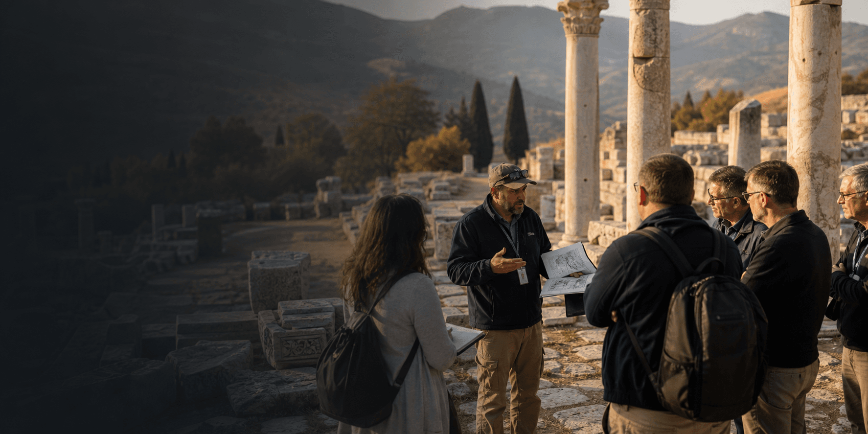 Grupo estudando arqueologia bíblica em campo